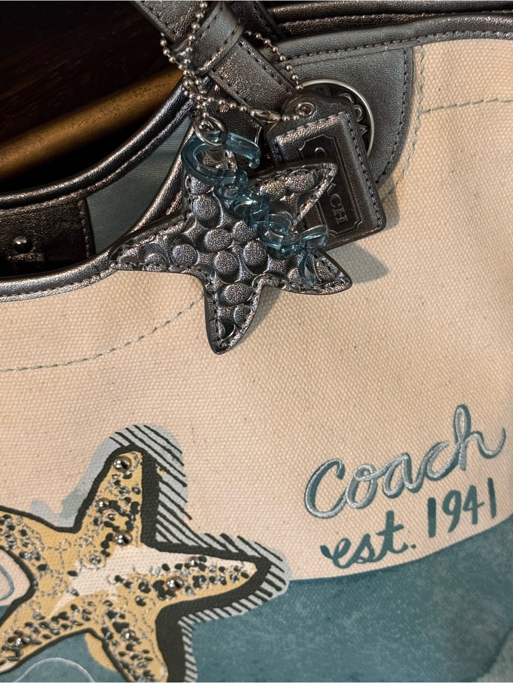 Rare Coach F19212 Starfish Beach Tote Canvas Teal Silver 2012 - Picture 12 of 15